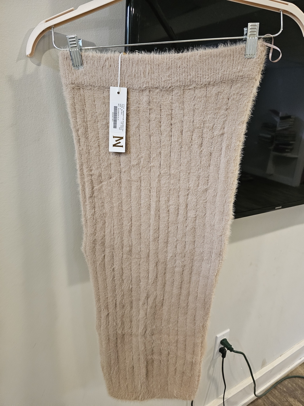 Meshki Beige Ribbed Fuzzy Knit Midi Skirt